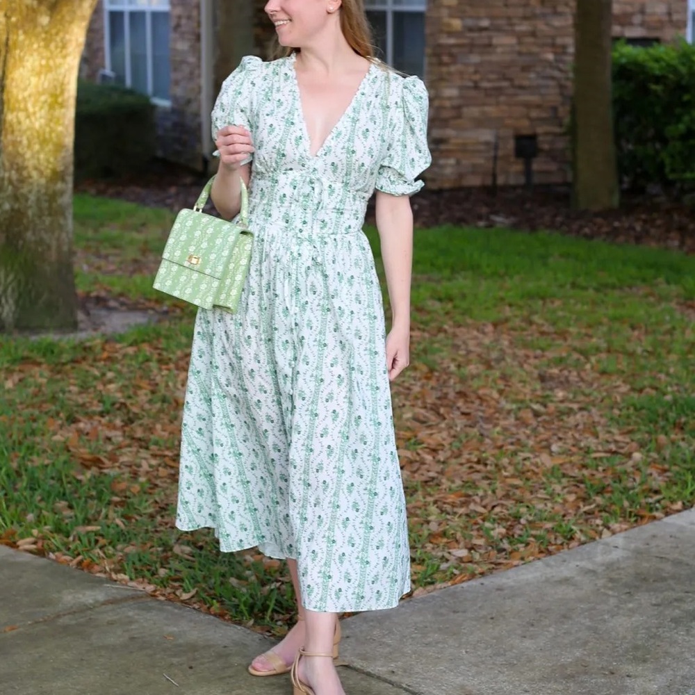 Sabrina Dress in Green Vine Stripe Cotton Size XS